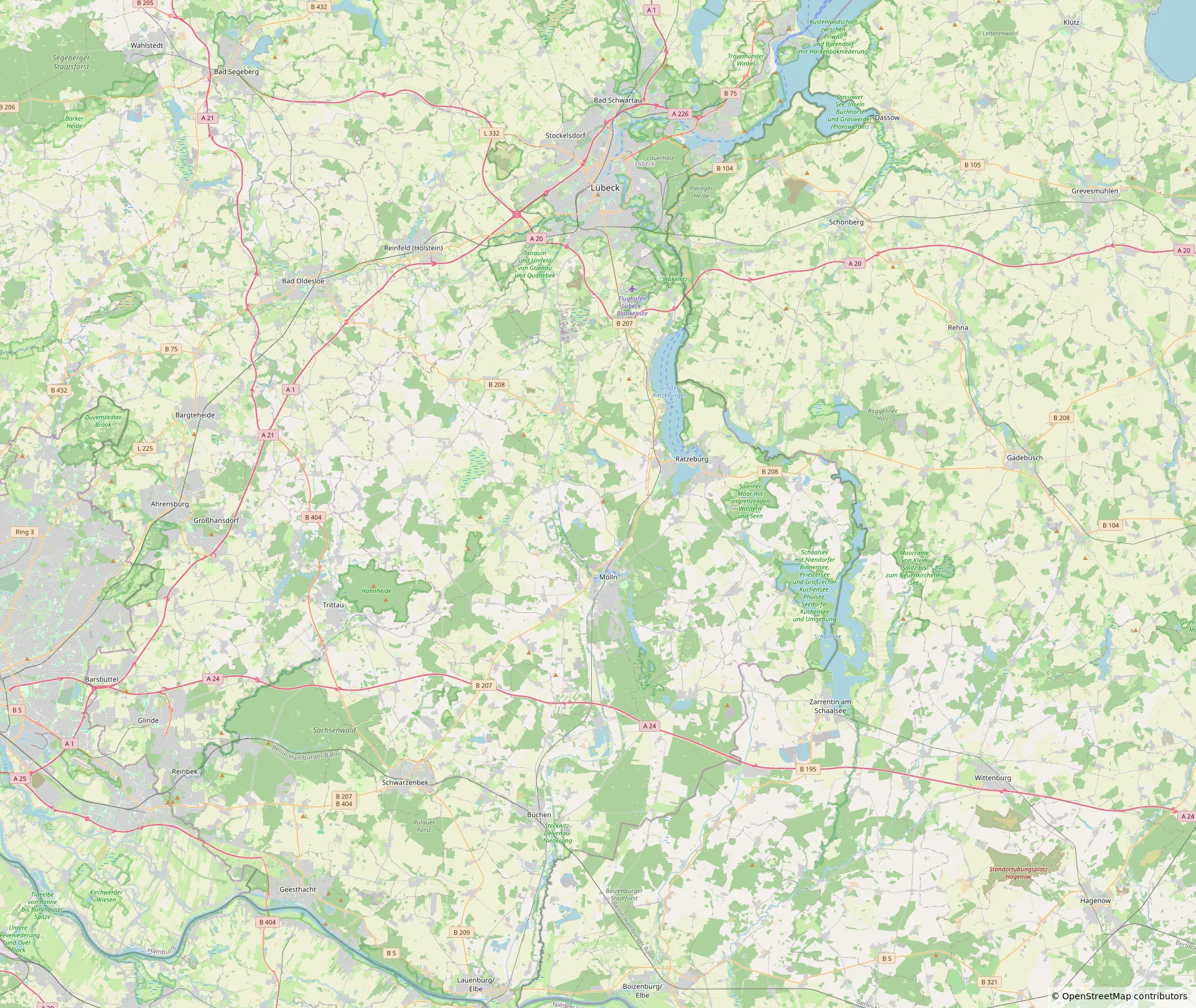 Karte der Region zwischen Lübeck und Lauenburg an der Elbe mit dem Versorgungsgebiet und den Standorten des Palliativteams Bernstorf